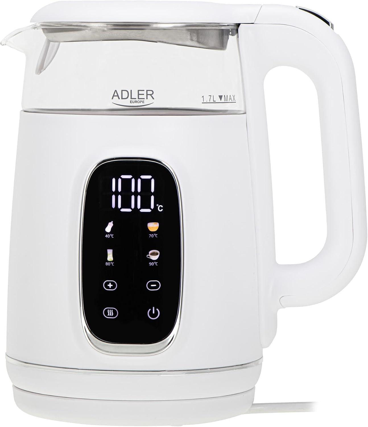 ADLER EUROPE 1305 white silver Czajnik elektryczny szklany regulacją temperatury 1,7L | LED | 40–100°C |