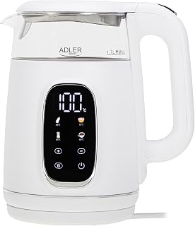 ADLER EUROPE - Wasserkocher mit Temperatureinstellung – Teekocher 2200W - Wasser Kocher 1,7L mit LED-Display und Touchpanel - 5 Temperaturprogramme – Kalkfilter - Trockenlaufschutz – Weiß Silber