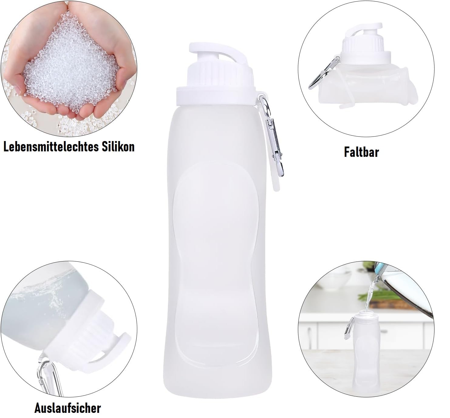 NIEEKRUN 3er Set Faltbare Trinkflaschen - 1000ml BPA-frei Mit Clip