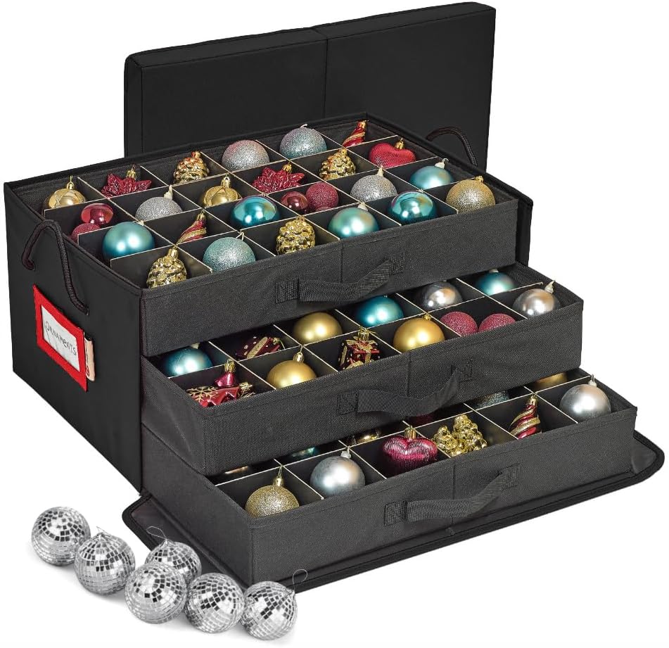 HOLDN’ STORAGE Christmas Ornament Storage Box with Dividers, Holds 72 Ornaments (3 Inch), Large Ball Storage Container with 3 Removable Trays, Durable and Portable - Black 72 - 3" Ornaments Black