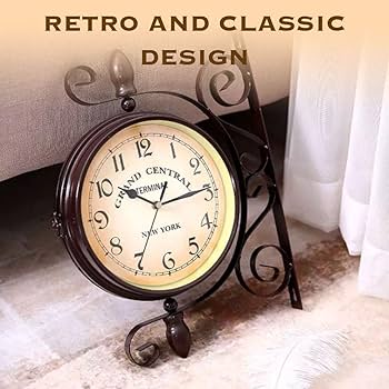 Double Sided Wall Clock Garden Porch Hanging Retro Station Home Decor Outdoor Two Faces Antique Round Silent Easy To Hang