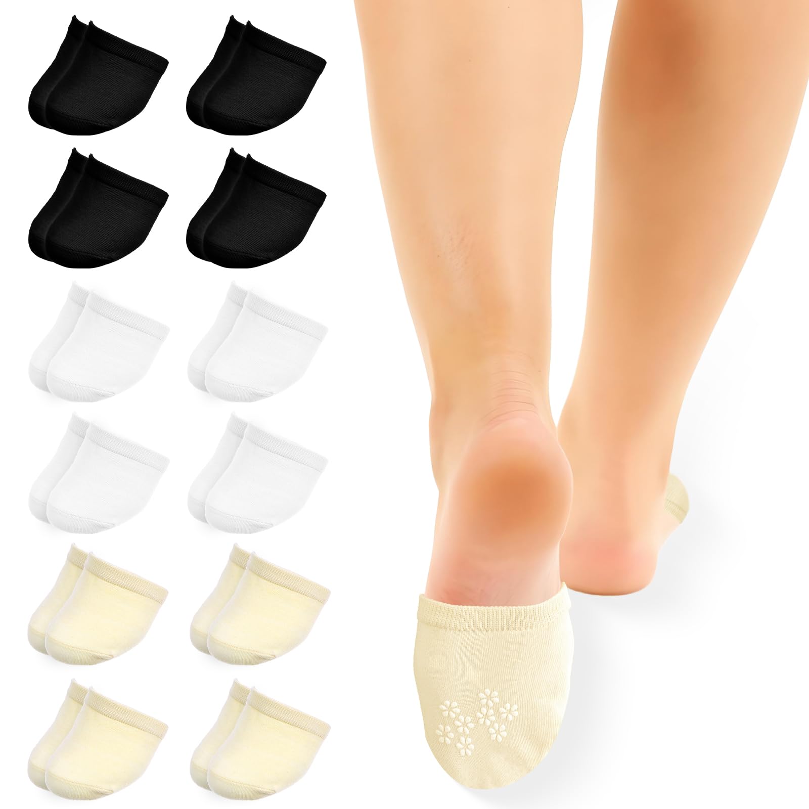 Apausvcm 12 Pairs Half Socks for Women, Invisible Toe Topper Socks with Grip No Show Half Sock for Mules Comfortable Toe Covers for Multiple Shoes (White, Black, Skin)