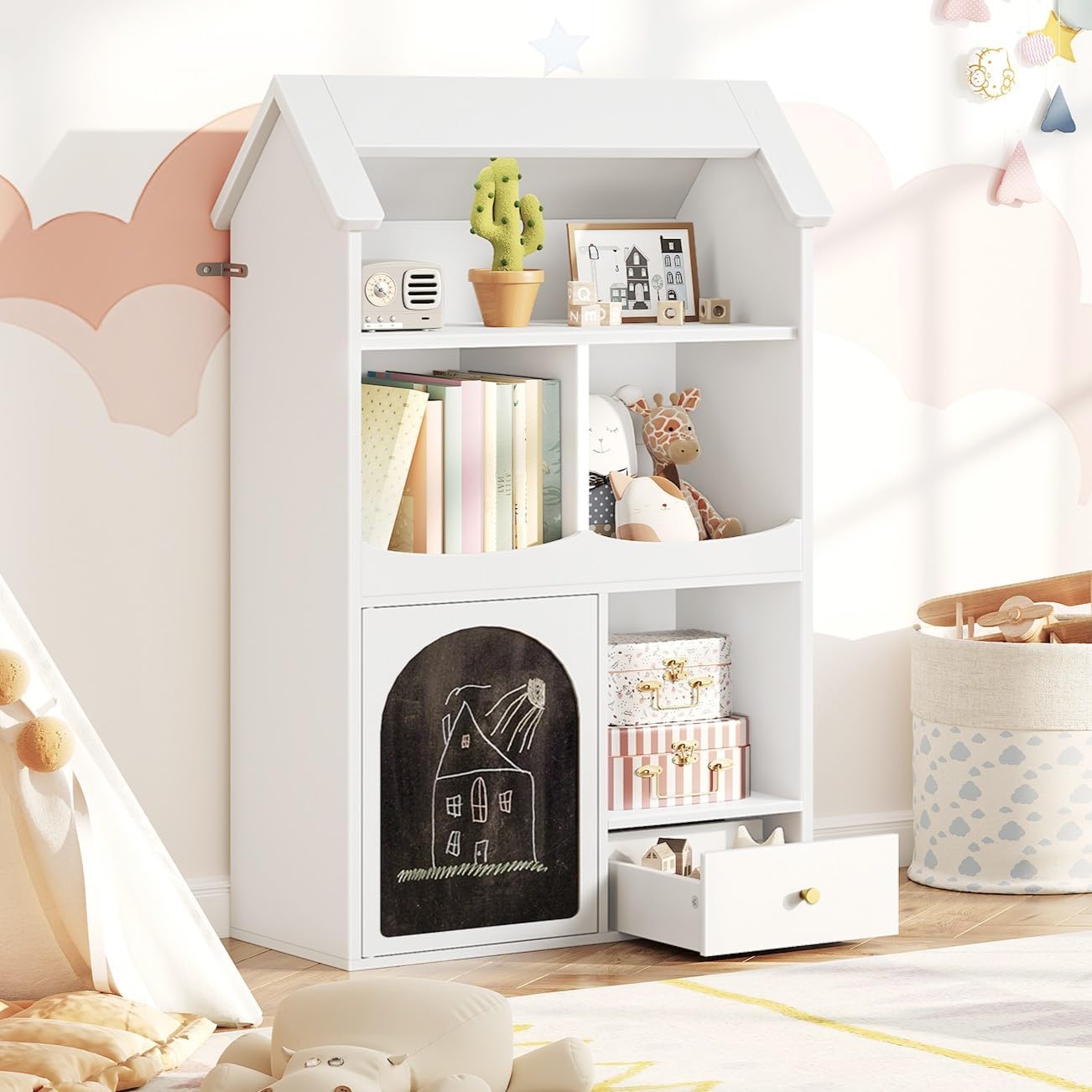 HOOBRO Toy Storage Organizer, Toy organizers and Storage with Drawer and DlY Chalkboard, Kids Bookshelf and Toy Storage with 4 Cubbies, Kids Toy Storage for Kids Room, Playroom, Nursery White WB64CW01