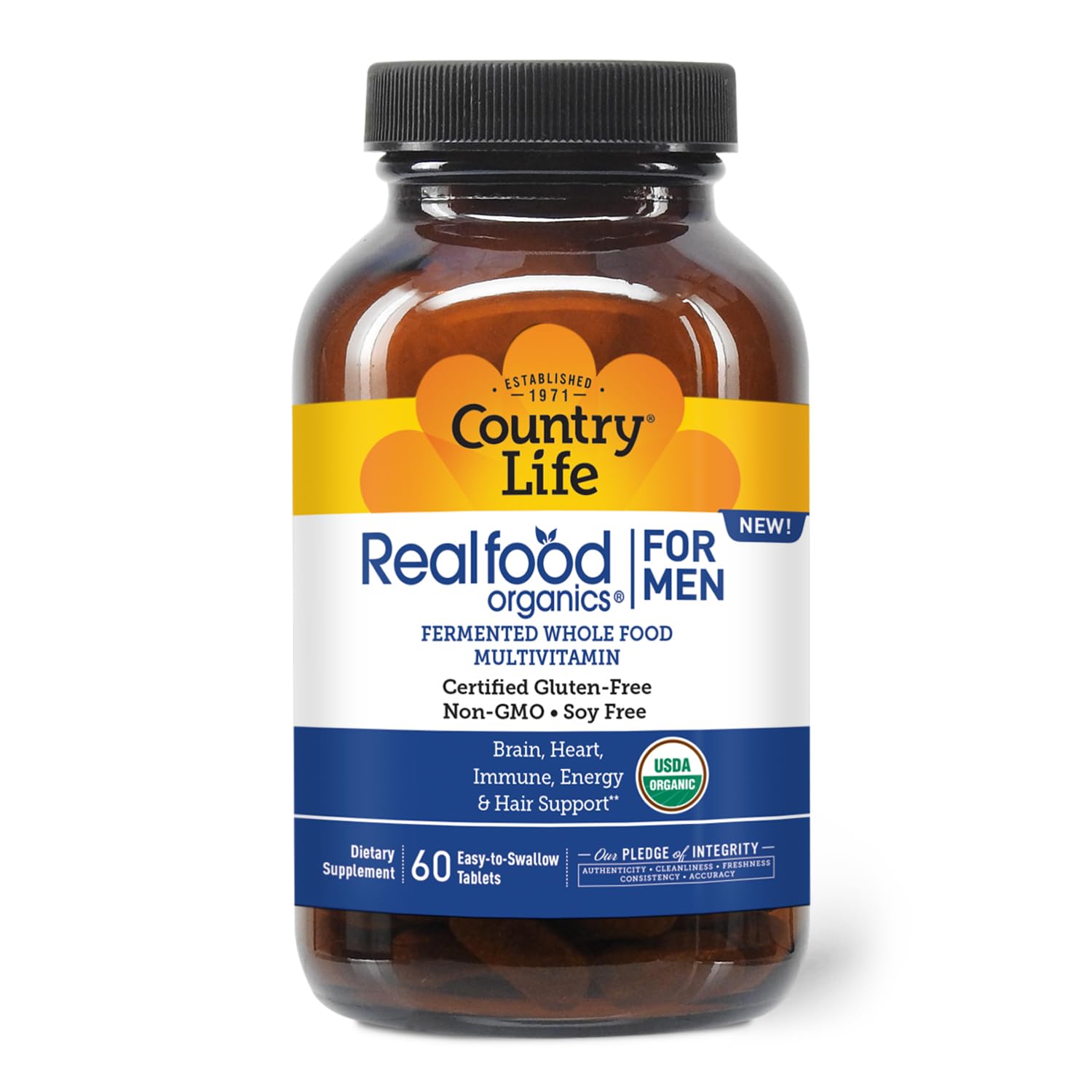Country Life RealFood Organics for Men – 60 Tablets | 1,300mg Organic Fermented Whole Foods, 7-Mushroom Superfood & Aloe – Certified Gluten-Free, Vegan & USDA Organic Multivitamin