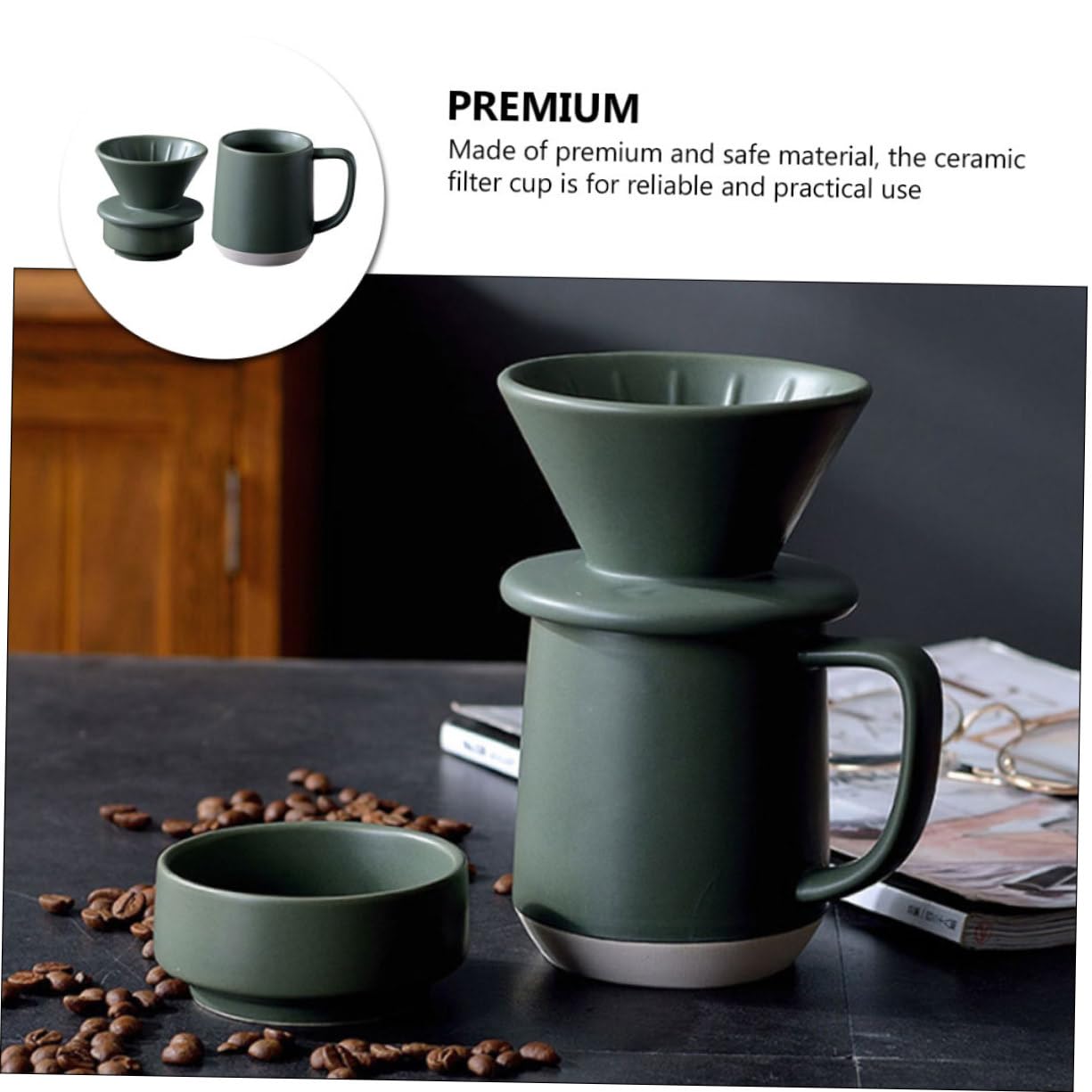 Taza de Café de Cerámica Filtro Manual para Preparar Café | Verde Detalles Delicados , Formato Ligero y Portátil y Filtrado Fino Uso Práctico , Diseño Simple