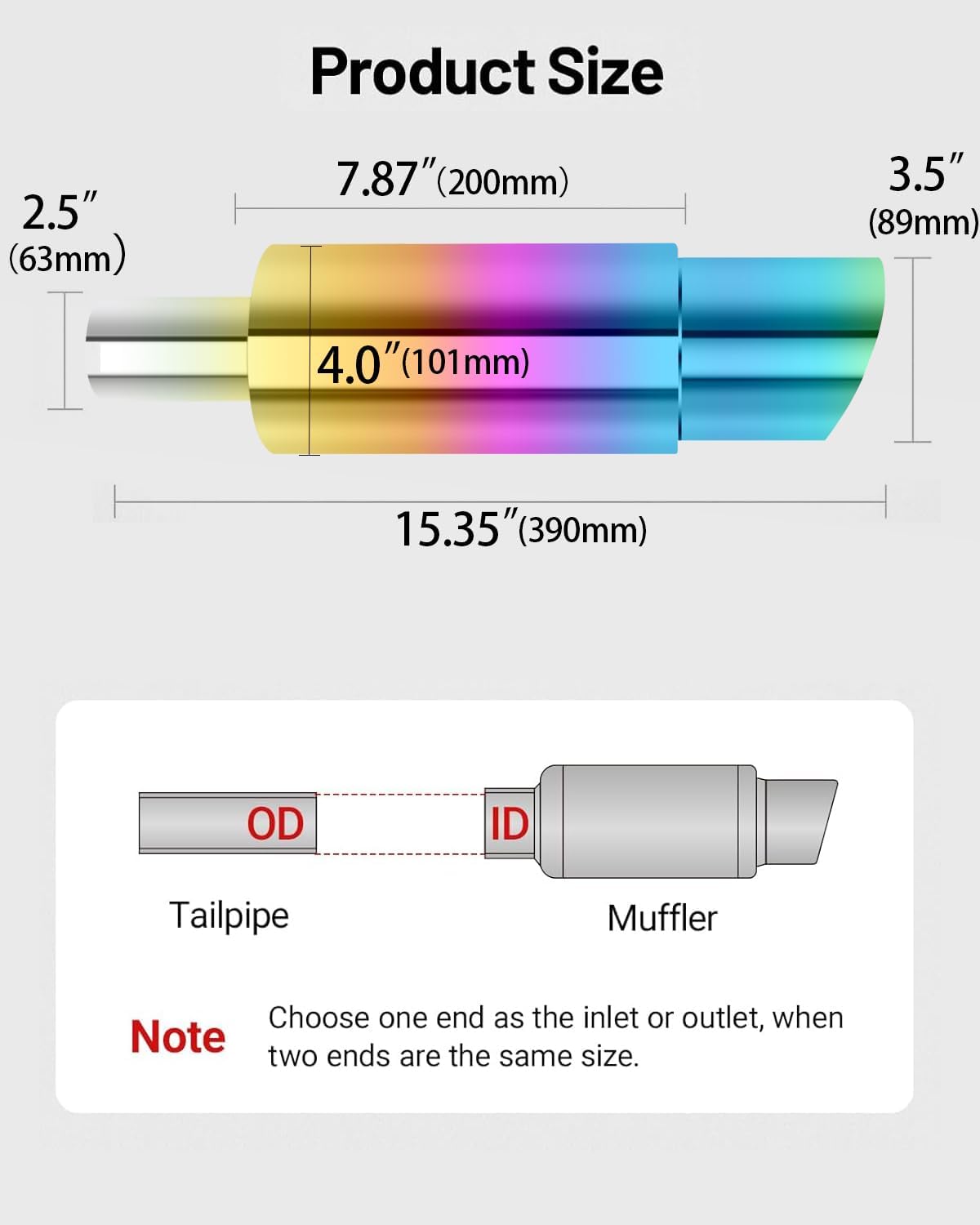Universal 63mm Car Exhaust Mufflers 15" Length ((Multicolor, 2.5'' Inlet 3.5'' Outlet)