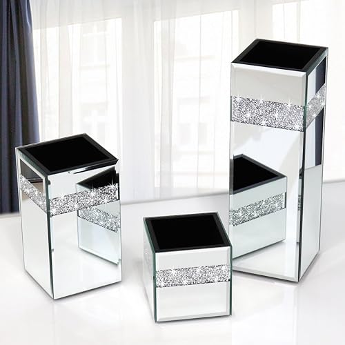 Miniatura 2 de Jarrón con espejo de diamante triturado, paquete de 3 piezas, pequeño, medio grande. Cristal plateado espejo impresionante florero decorativo de