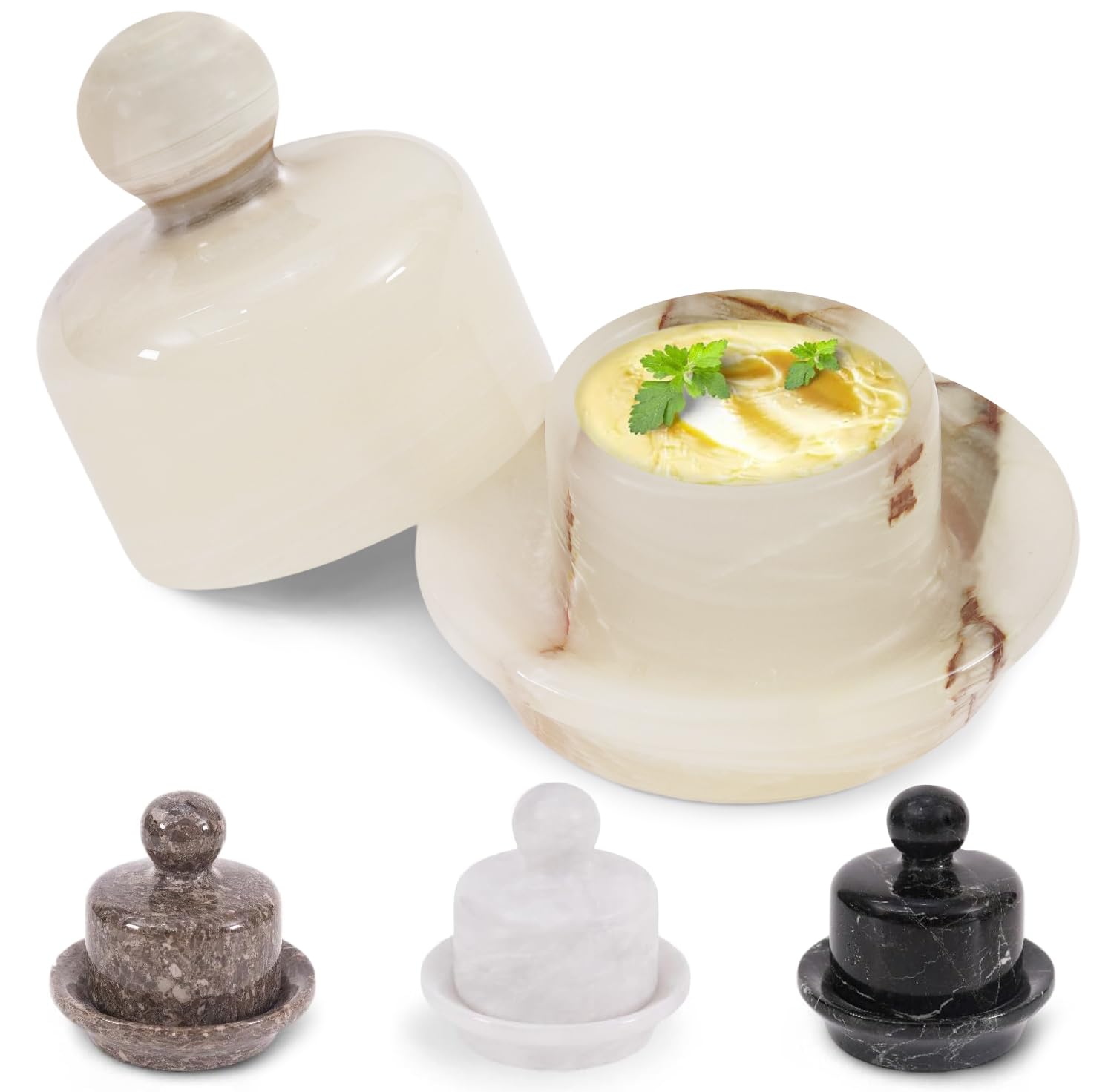 MARBLOUS KRAFTS Marble Mini Butter Dish 4 Inch White Onyx Spreadable Butter Container for Kitchen Countertop, Butter Crock with Lid, Home Storage