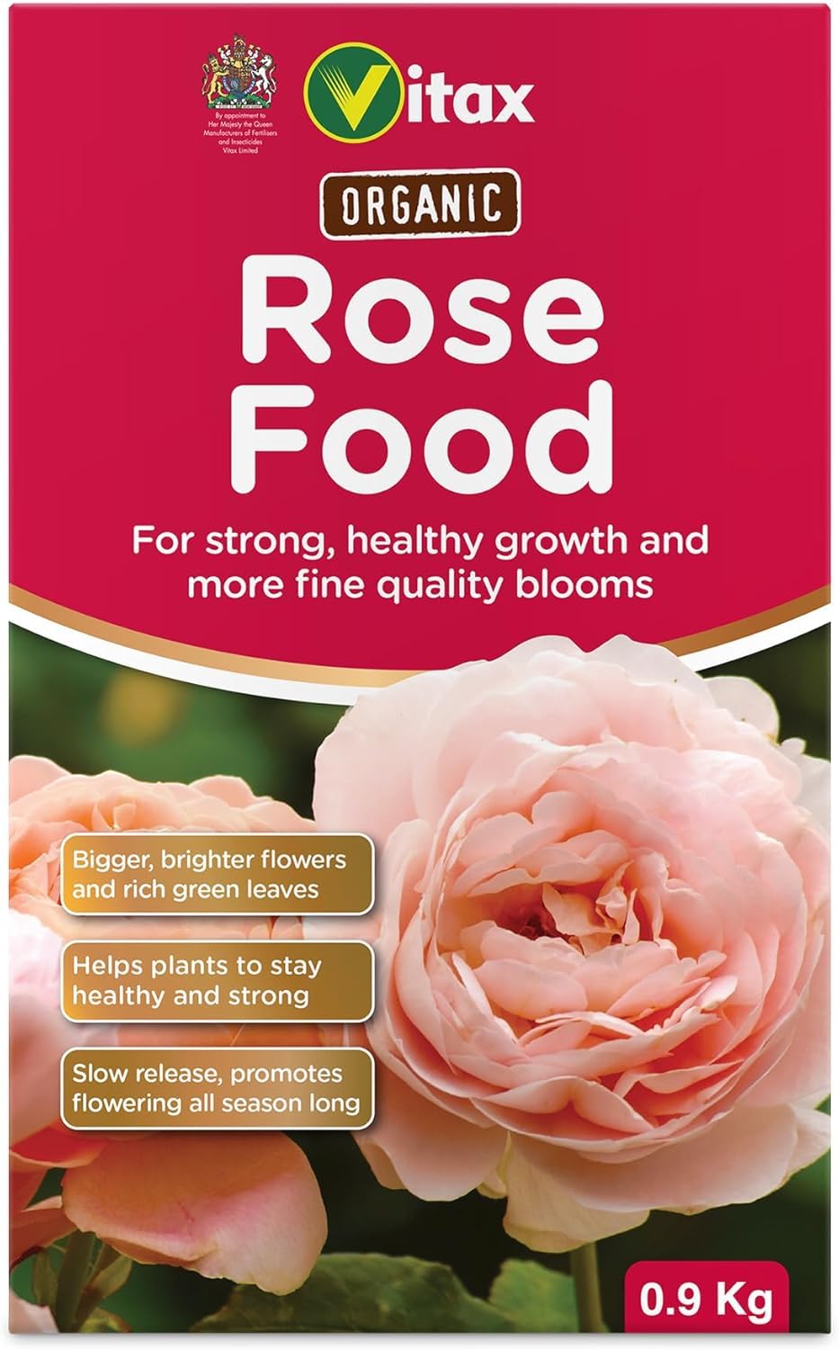 Vitax Organic Rose Food 0.9kg | Traditional Slow-Release Fertiliser with Magnesium | Enriched with Poultry Manure & Potash for Abundant Blooms | 100% Organic Soil Improver for New & Established Roses