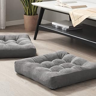 Degrees of Comfort Meditation Floor Pillows Set of 2 - 22x22 Inch Tufted Corduroy Cushions, Grey - Plush Memory Foam Support for Yoga & Seating