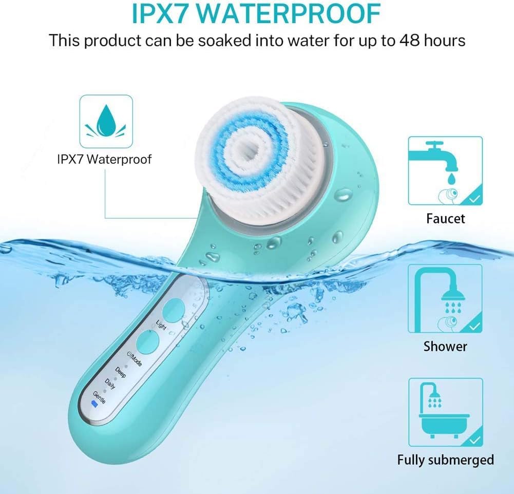 -Cepillo Facial Eléctrico, Cepillo De Limpieza Facial, Cepillo Giratorio De Luz Roja/Azul, Cepillo Limpiador A Prueba De Agua, Cabezal De 5 Cepillos para Exfoliar, Masajear, Eliminar Punt