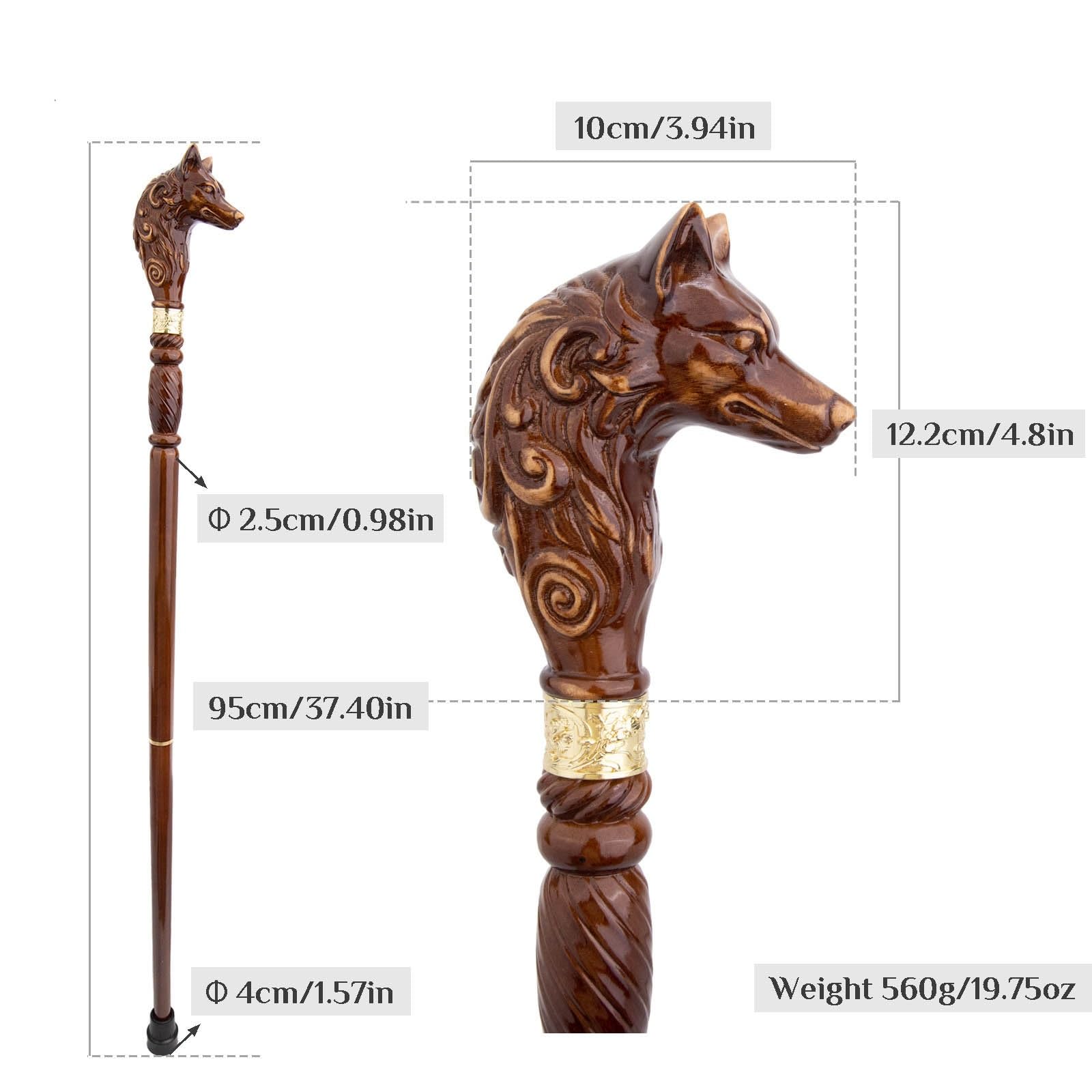 Handgeschnitzter Gehstock Aus Holz Mit Wolfskopf, Ergonomischem Griff und Gummispitze für Damen und Herren – Modischer, Einzigartiger Gehstock für Senioren – 95 cm