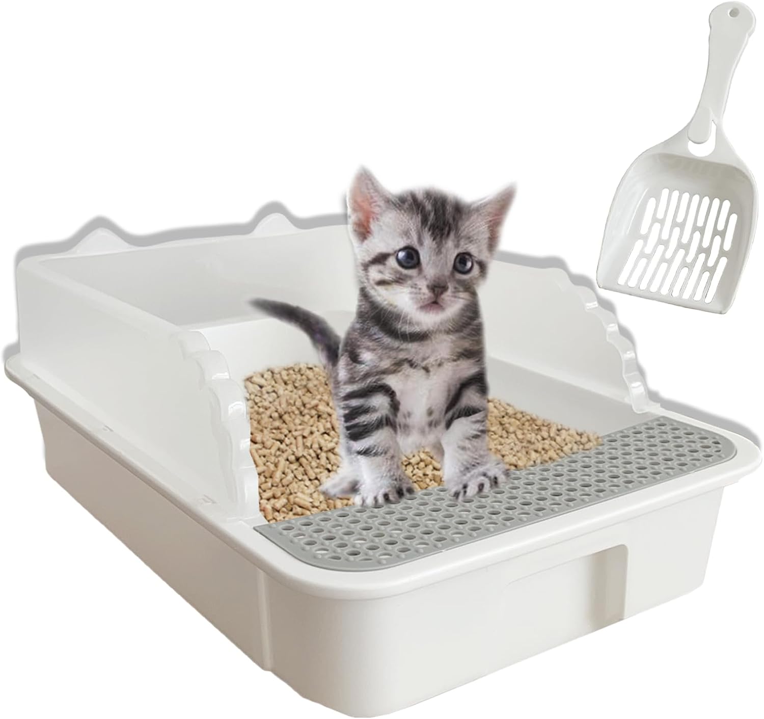 kathson Open Cat Litter Box with High Side,Anti-Splashing Cats Litter Pan,Kitten Toilet with Litter Sifting Scoop,Semi-Enclosed Removable Kittens Litter for Boxes Easy to Clean No Odor 11×17×7 inches