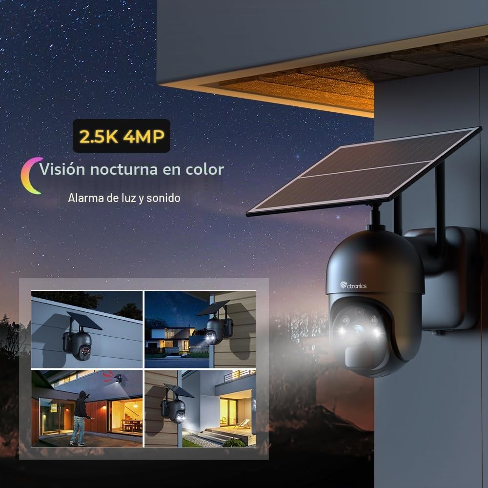 Ctronics 4MP 4g Cámara Vigilancia Solar, 2.5K QHD, Batería 10400 mAh, Panel Solar 6W, Visión Nocturna Color 30m, Remoto PC/App, Alarma de Luz y Sonido, Detección Humana AI PIR, FTP/Cloud/128GB, IP66