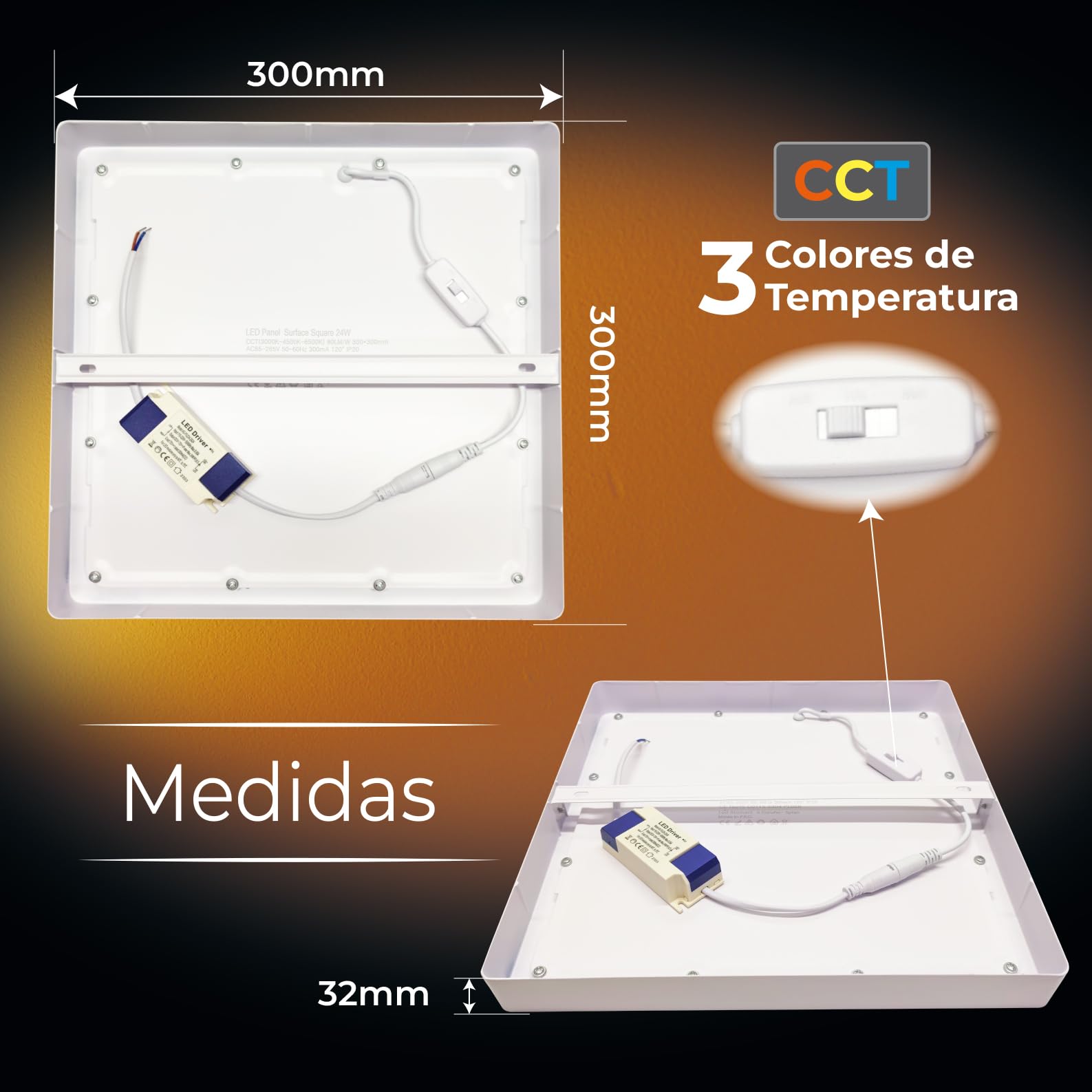 LED ATOMANT 4x Plafon LED Cuadrado Superficie 30x30cm 24W CCT 3000-6500K | Con Selector de color CCT, 2200 Lumenes, Driver incluido