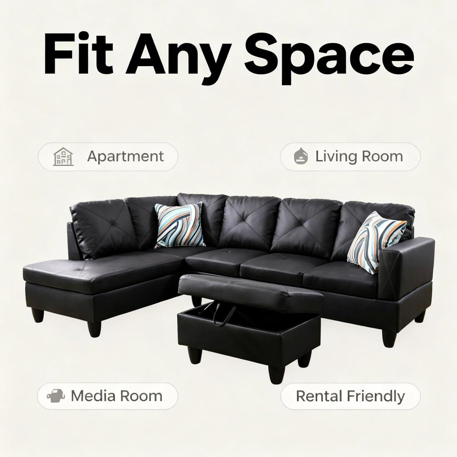 L-Shape Sofa with Storage Ottoman, Leather Sectional Couch with Left Chaise, Modern 3-Piece Sofa Set for Living Room, Upholstered Couch Set with Solid Wood Frame for Apartment, Loft, Black