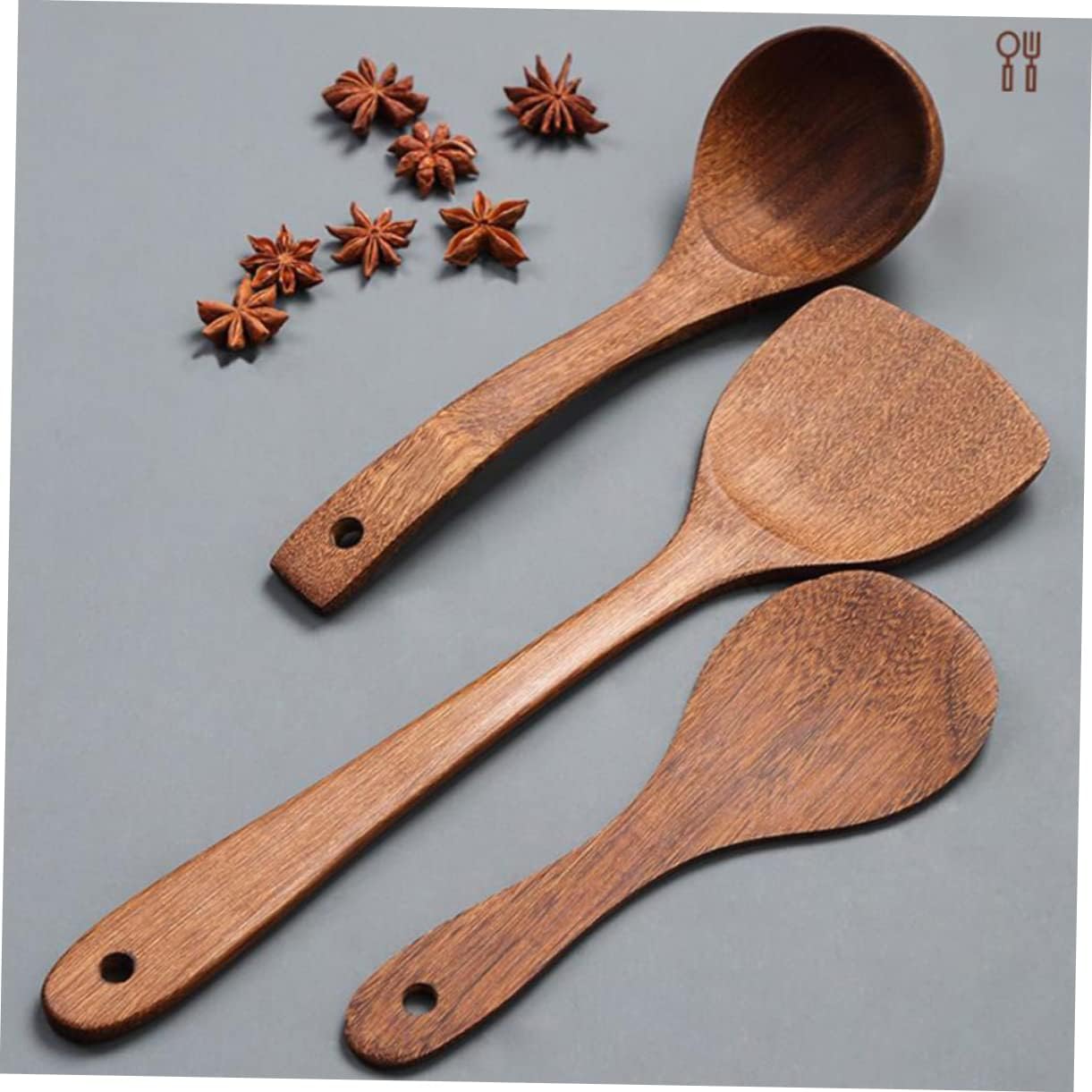 PRETYZOOM 3pcs Wooden Cooking Utensils Nonstick Kitchen Spoons for Stirring Serving Mixing Includes Three-line Shovel Spatula Curved Spoon for Home Restaurant Catering Use