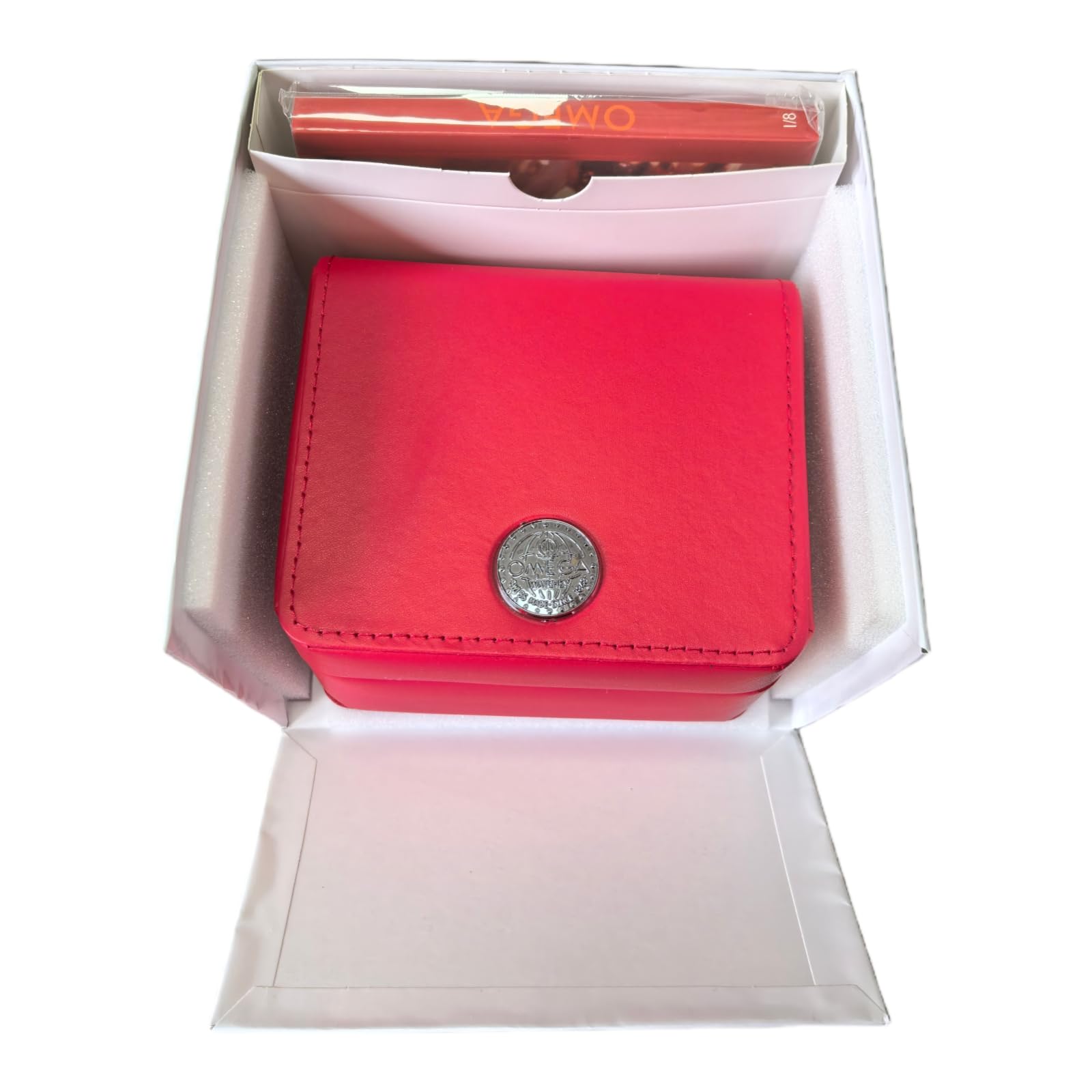 Organizzatore Orologio Singolo Rosso Similpelle Struttura Legno Ferramenta Argento per Omega