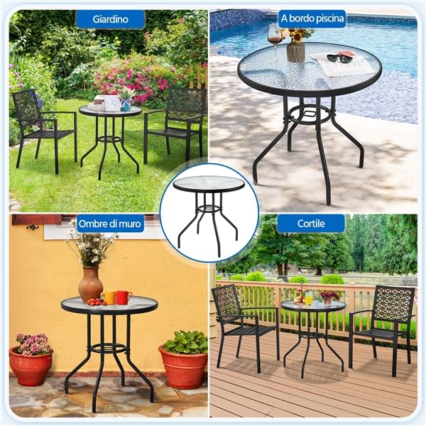 Yaheetech Tavolo da Giardino Rotondo in Vetro Diametro 70 cm con Foro Ombrellone Altezza 73 cm Nero