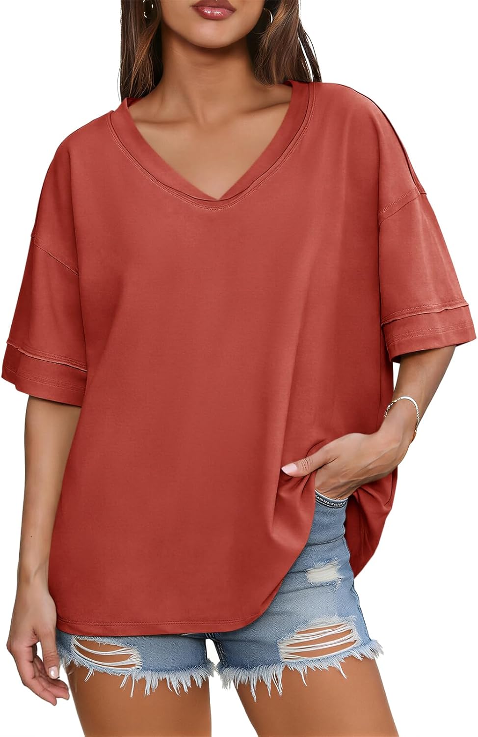 Tankaneo Womens V Neck Oversized Tshirts Summer Casual Short Sleeve Shirts Baggy Loose Fit Tees Tunic Tops