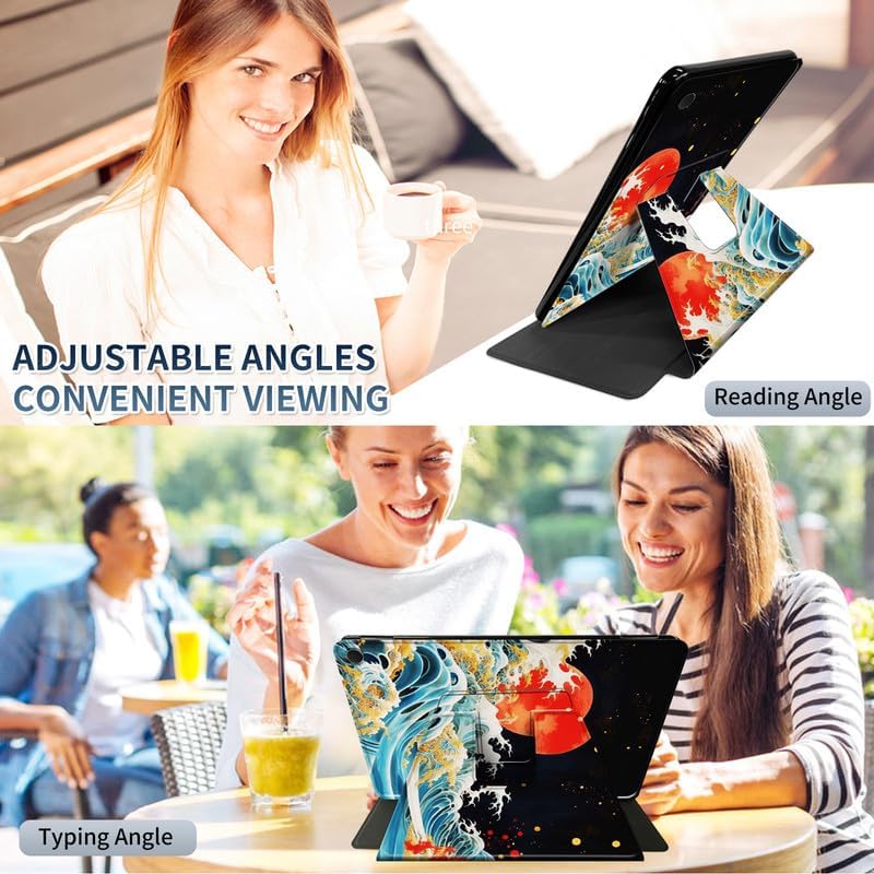 for Amazon Fire HD 10/10 Plus Tablet Case (11th Generation,2021 Release,10.1"),360 Degree Rotating Stand PU Leather Smart Flip Cover for Kindle Fire HD 10 Plus-Japanese Wave Red Sun