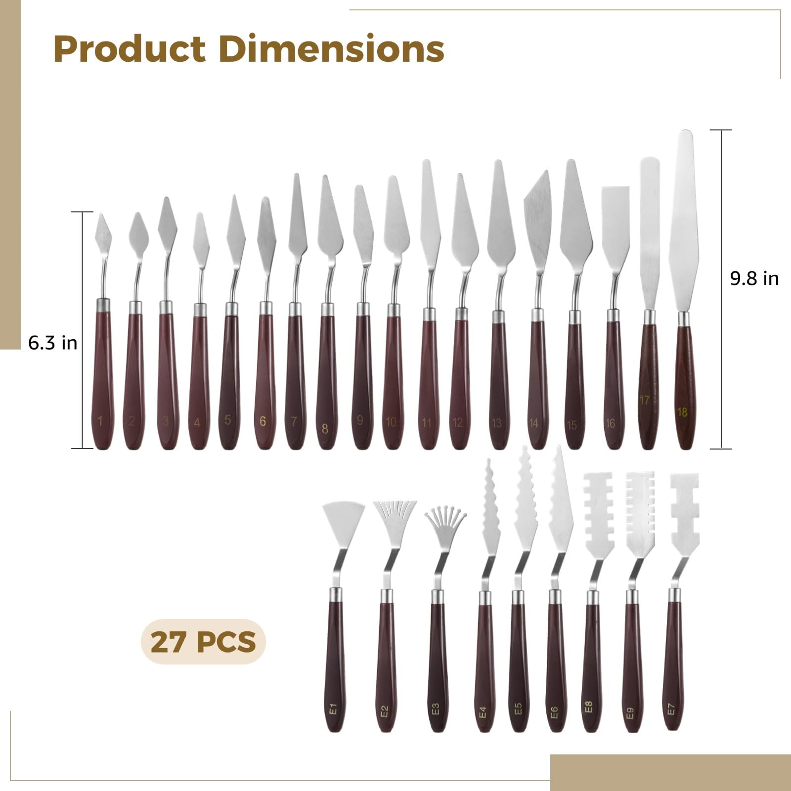 Set de 27 spatules palette, outil palette en acier inoxydable avec manche en bois, spatules de peinture pour mélange des couleurs et texturage