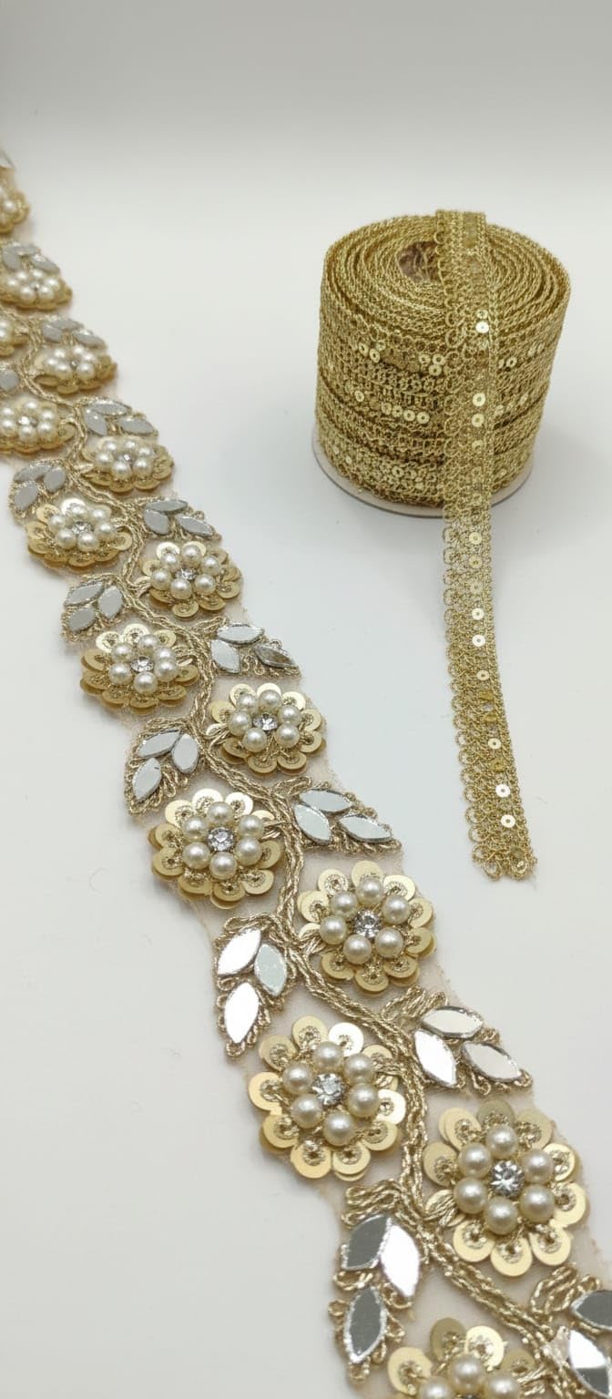 Bridal Pearl LaceCombo Pack pal mate shade | Embroidered Border laceTrim for Saree, Dupatta, Blouse & Kurti | Designer Ribbon lace Set – stone mirror work lace -3 mtr & roll ribbbon -9 mtr pack of 2 combo-image-42