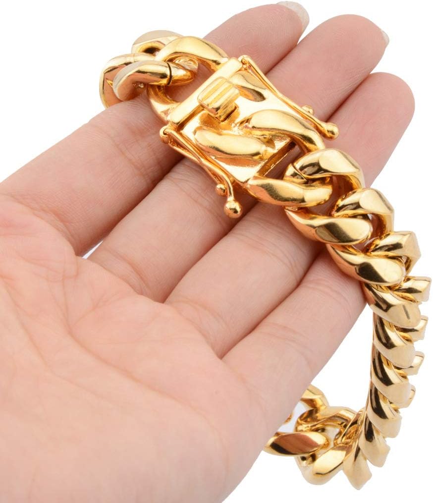 Italian Diamond-Cut Chunky Miami Cuban Link Bracelets for Men Women 18K Gold 8mm 10mm 12mm 14mm Wide Stainless Steel Hip Hop Bracelet Chain with Double - Lock Clasp Big Link Bracelet for Men Boys