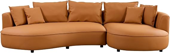Modern Sectional Curved Sofa Couch for Living Room, Curved Deep Seat Sofa with 5 Seat, Luxury Leather Cloud Couch with 7 Pillows, Curved Sectional Couch for Apartment (Orange, Right-Facing)