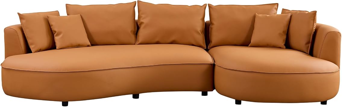 Modern Sectional Curved Sofa Couch for Living Room, Curved Deep Seat Sofa with 5 Seat, Luxury Leather Cloud Couch with 7 Pillows, Curved Sectional Couch for Apartment (Orange, Right-Facing)