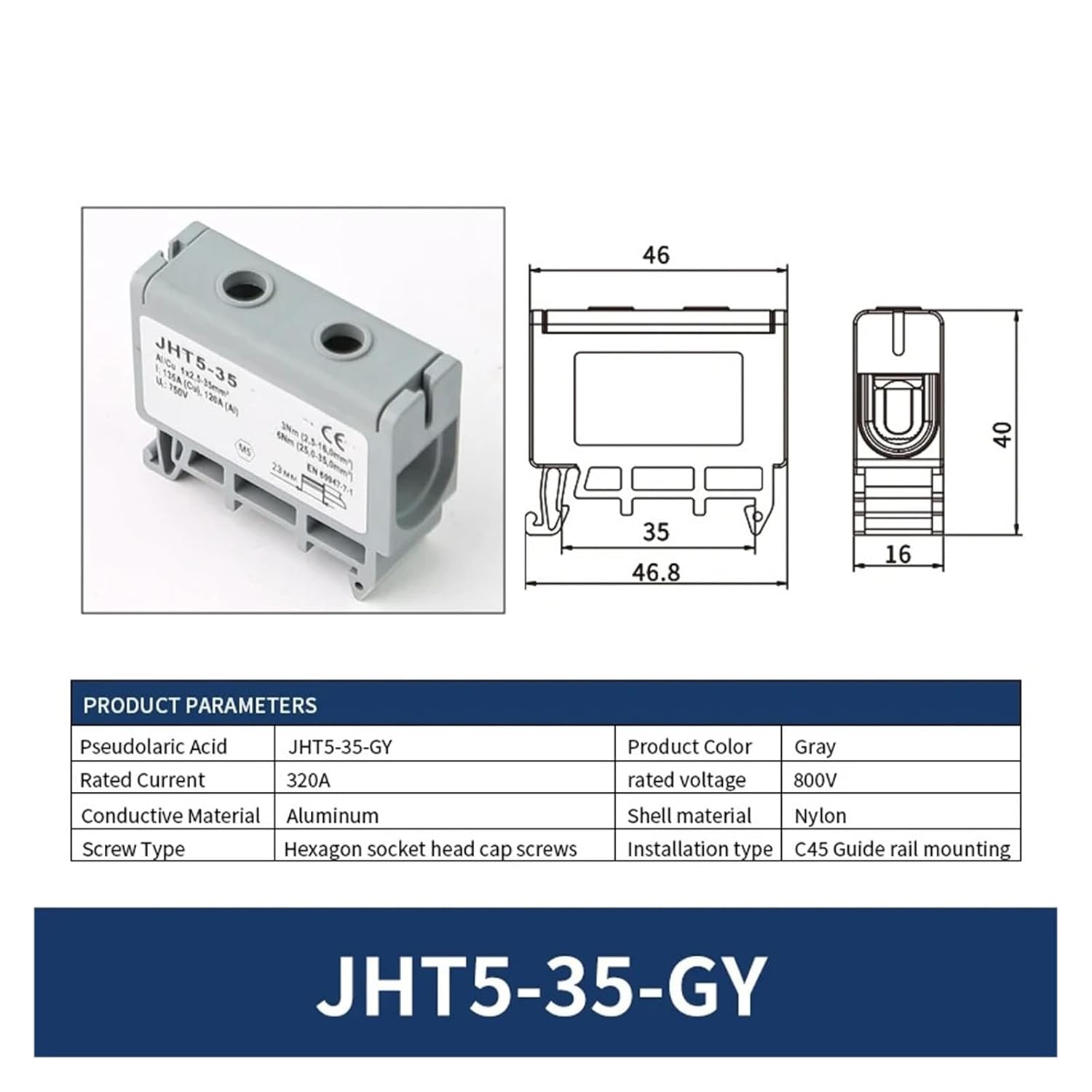 JHT5 35mm² Distribution Board DIN Rail Cable Breakout Terminal Block Aluminum/Copper Clamp Connector High Current Box(JHT5-35-1-GY)