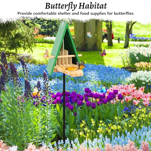 Image of New Butterfly House and Feeder for Outside, Wooden Butterfly House with Metal Stake for Garden, Natural Butterfly Habitat with Butterfly Puddler on The Floor or Hanging on Tree Wall