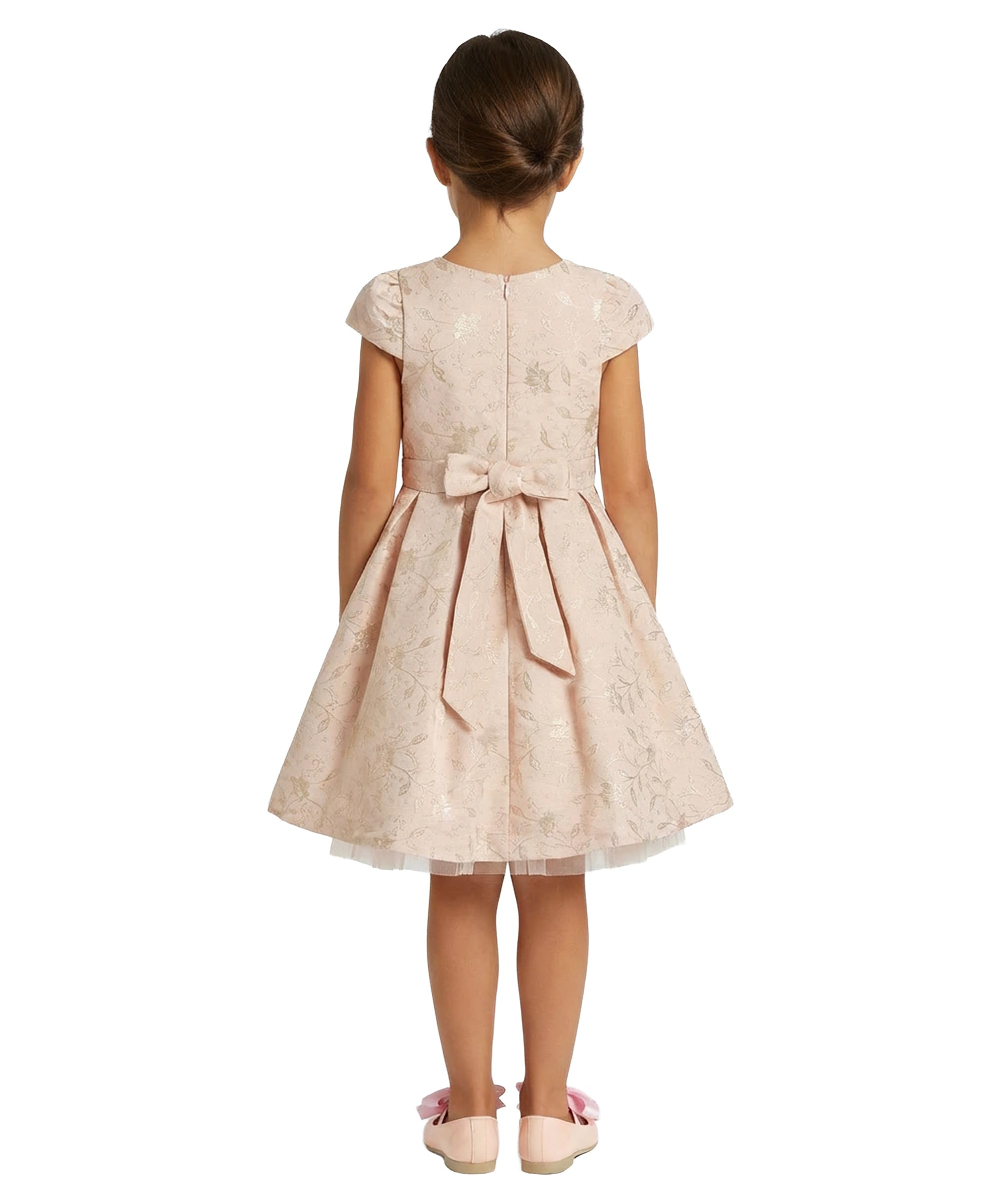 SIRRI Dziewczęca brzoskwiniowa kwiatowa żakardowa sukienka ze złotymi akcentami sukienka dla dziewczynki w wieku 1-12 lat