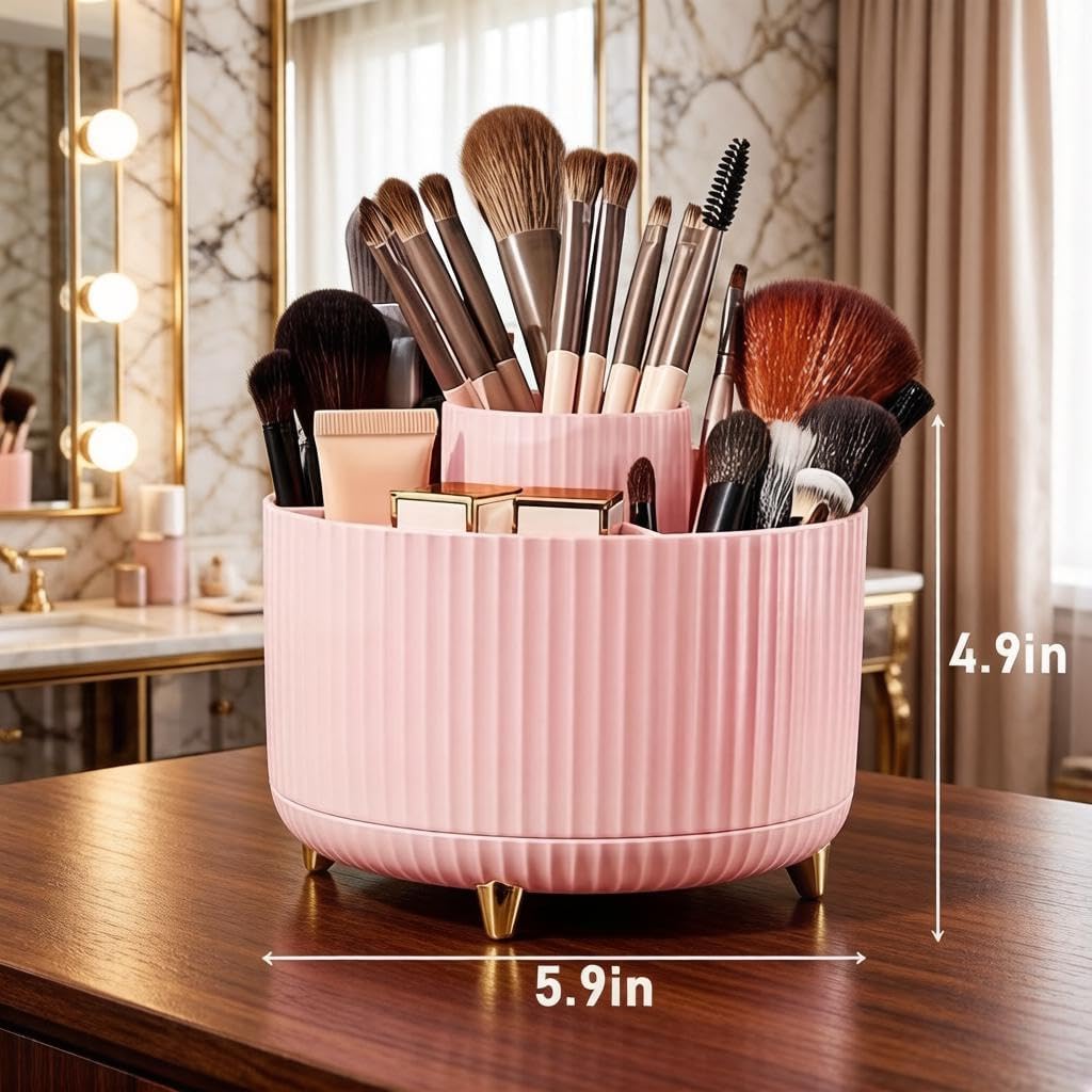 Makeup Brush Holder,360° Rotating Makeup Brush Organizer,5 Slot Make up Brushes Cup for Cosmetics,Large Capacity,For Nail Polish, Art Supply, Bathroom Vanity,Cosmetics Organizer,Pink image 2