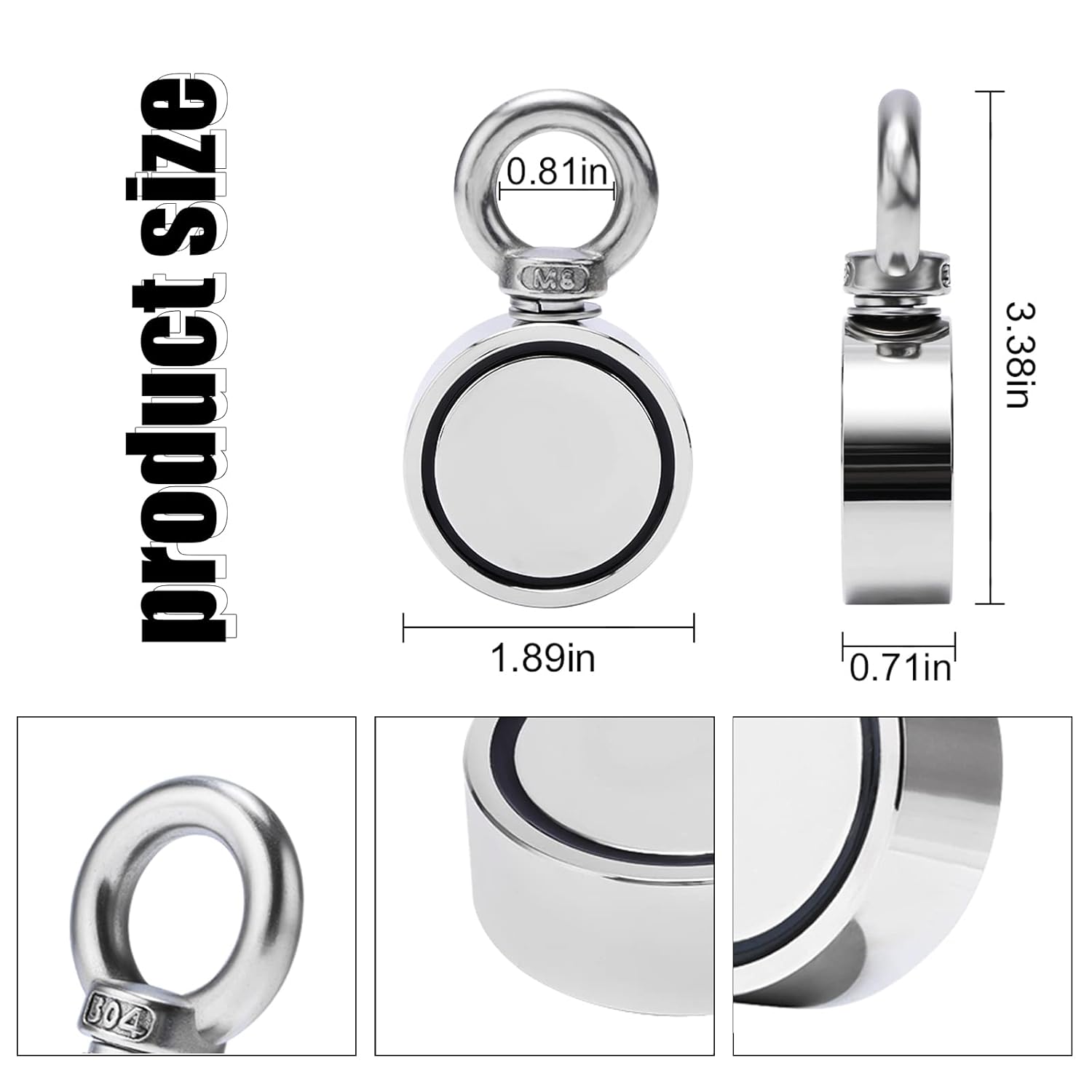 Double Sided Neodymium Magnet Fishing Kit with 480lbs Strength and Eyebolt for River Lake Hunting Indoor Outdoor (1.8in Dia)