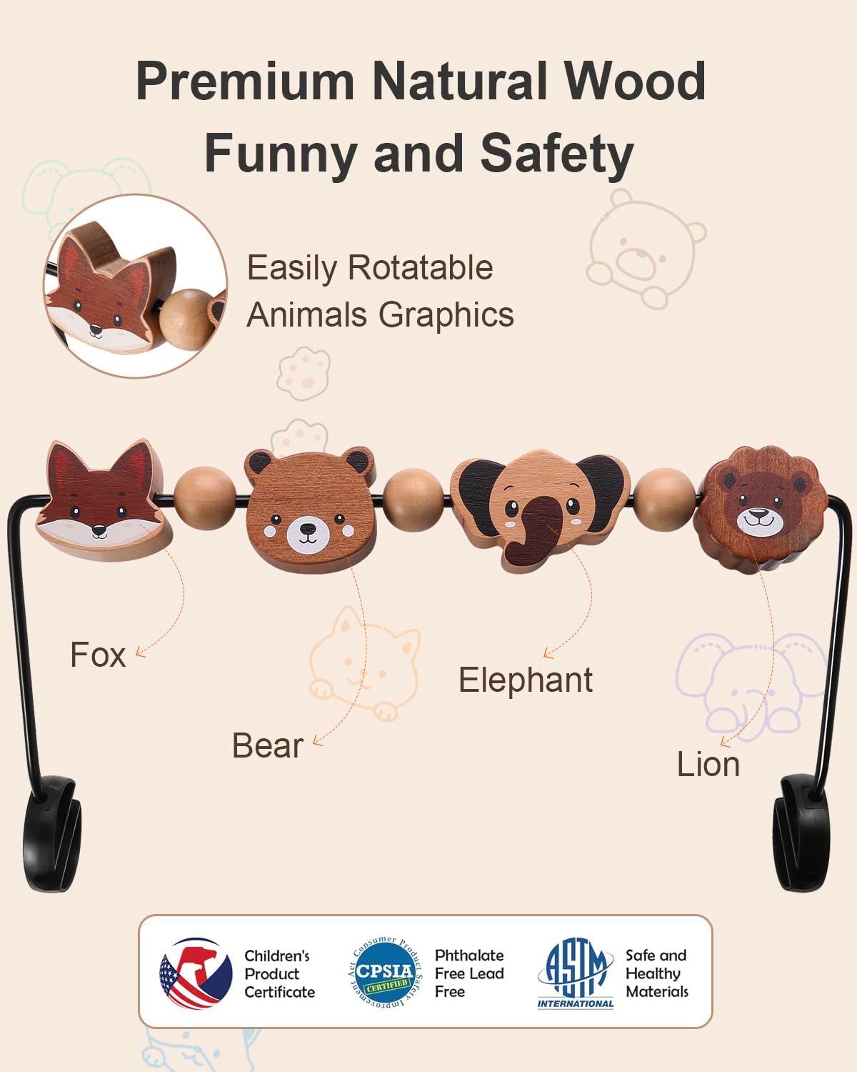 Baby Bouncer Toy Bar Compatible with Baby Bjorn Bouncer, Wooden Toys Attachment Easy to Attach and Remove Sensory Toys for Babies All Ages Christmas Toddler Gifts - Animals