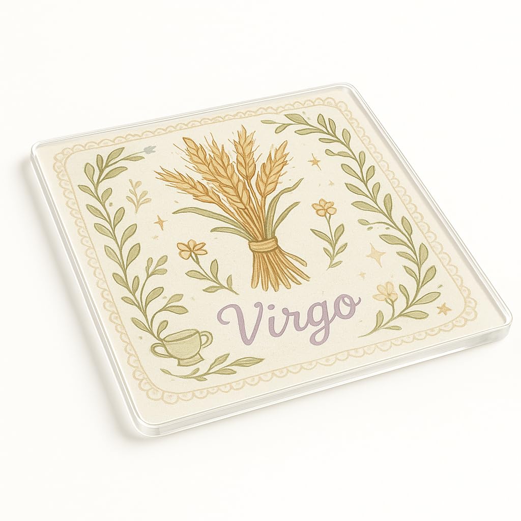 The Plum Penguin Virgo Cottagecore Acrylic Coaster Gift - Lavender Embrace Cottagecore Zodiac Design With Virgo Wheat Sheaf And Lace Detail