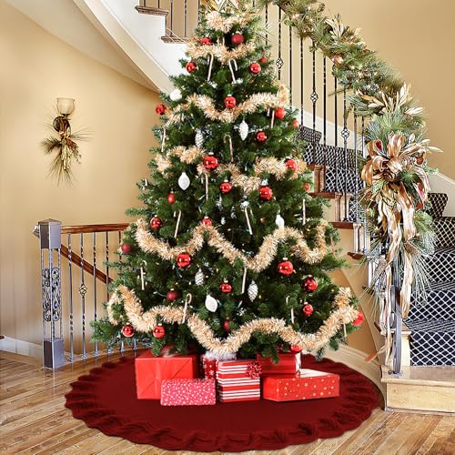 DEMIUKO Weihnachtsbaum Decke Rock Rot 120cm Groß Christbaumdecke Tannenbaum Decke 3D Gestrickter Rüschen Rund Weihnachtsbaumdecke Matte für Zuhause Feier Christbaumständer Weihnachts Baumrock Deko