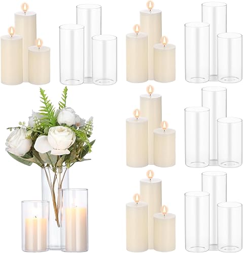 12 Sets Pillar Candles with Glass Cylinders Vases 3 Sizes - Slim Hurricane Glass Candle Holders, Transparent Cylinder Vases, Romantic Centerpiece Decor for Wedding, Party, Dining Table