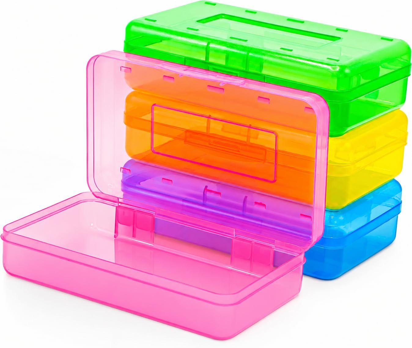 4E's Novelty 4 Pack Large Pencil Case Boxes, Hard Plastic Pencil Boxes Bulk Classroom, Cute Kids Clear Colored Pencil Case with Snap Tight Lid for Boys Girls