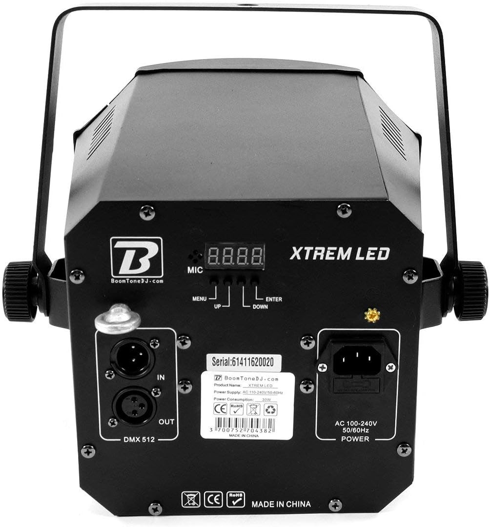 Rear panel of BoomToneDJ Xtrem LED Effect Light showing DMX IN/OUT, power input, and control buttons