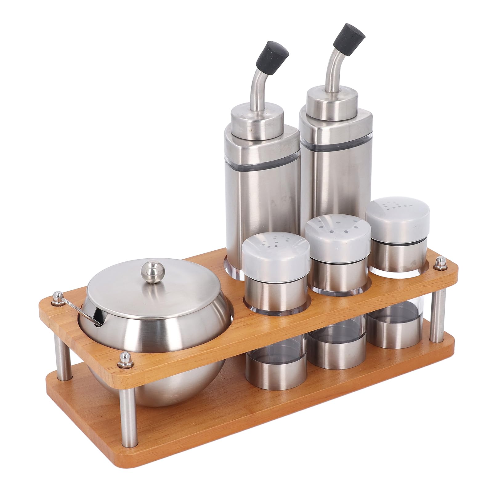 Öl- und Essigspender-Set, 304 Edelstahl und Holzsockel, 6-teiliges Küchengewürzspender-Set mit Dichtleistung und Einfacher Reinigung für Verschiedene Gewürze,