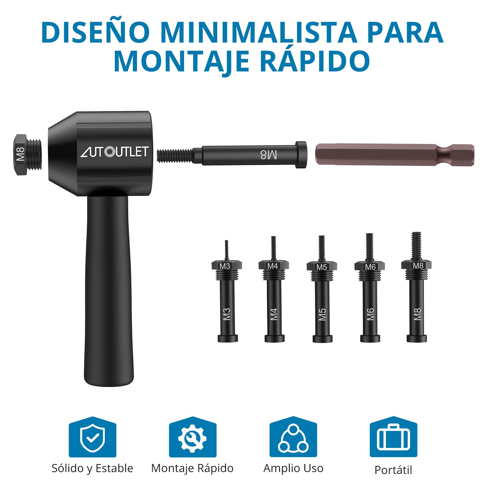 AUTOUTLET Adaptateur de Pistolet à Riveter Électrique pour Perceuse sans Fil Kit d'Adaptateur pour Perceuse à Écrou à Riveter 5 Mandrins M3 M4 M5 M6 M8 avec Poignée d'Économie de Main-d'Œuvre