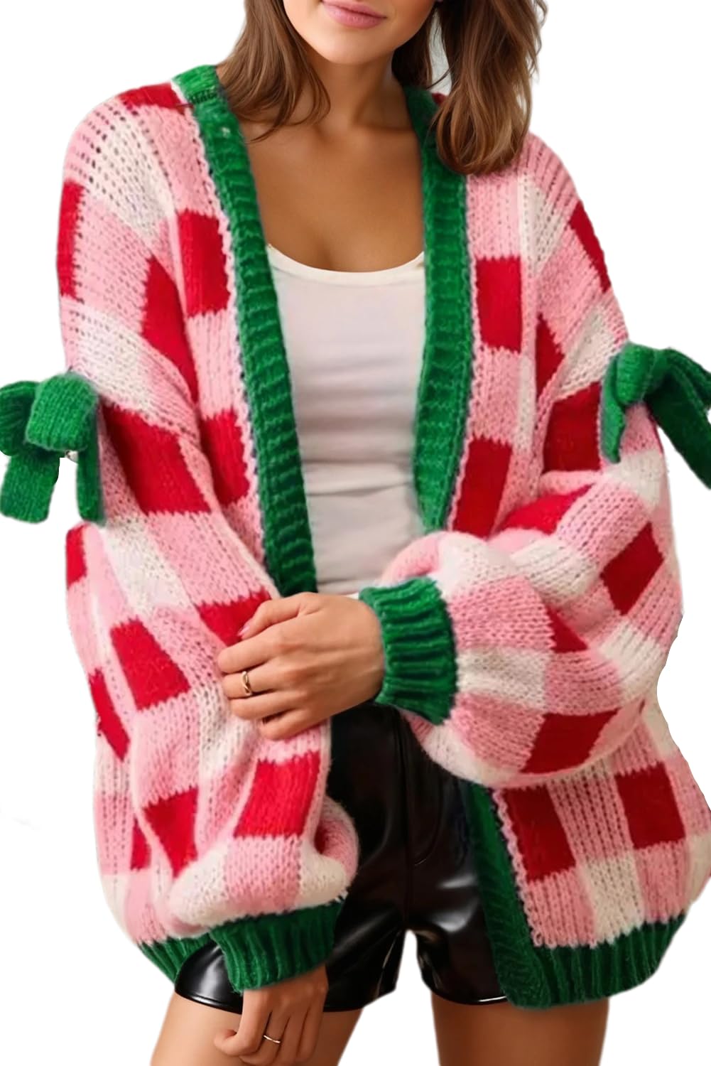 Womens Plaid Knit Bow Knot Decor Open Front Sweater Cardigan Checkered Oversized Chunky Knit Sweater