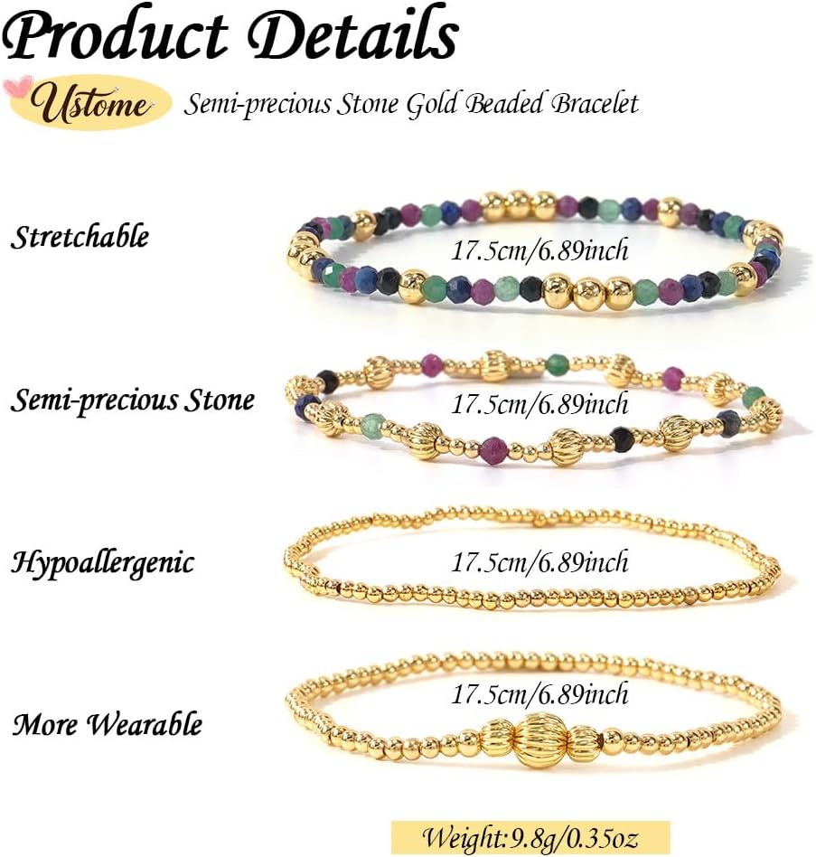 Gold 4Pcs Stackable Beaded Bracelets Set For Women,Handmade Natural Gemstone Glass Ball Stretch Accessories Jewelry, Daily Wear Friendship Gift - Image 5