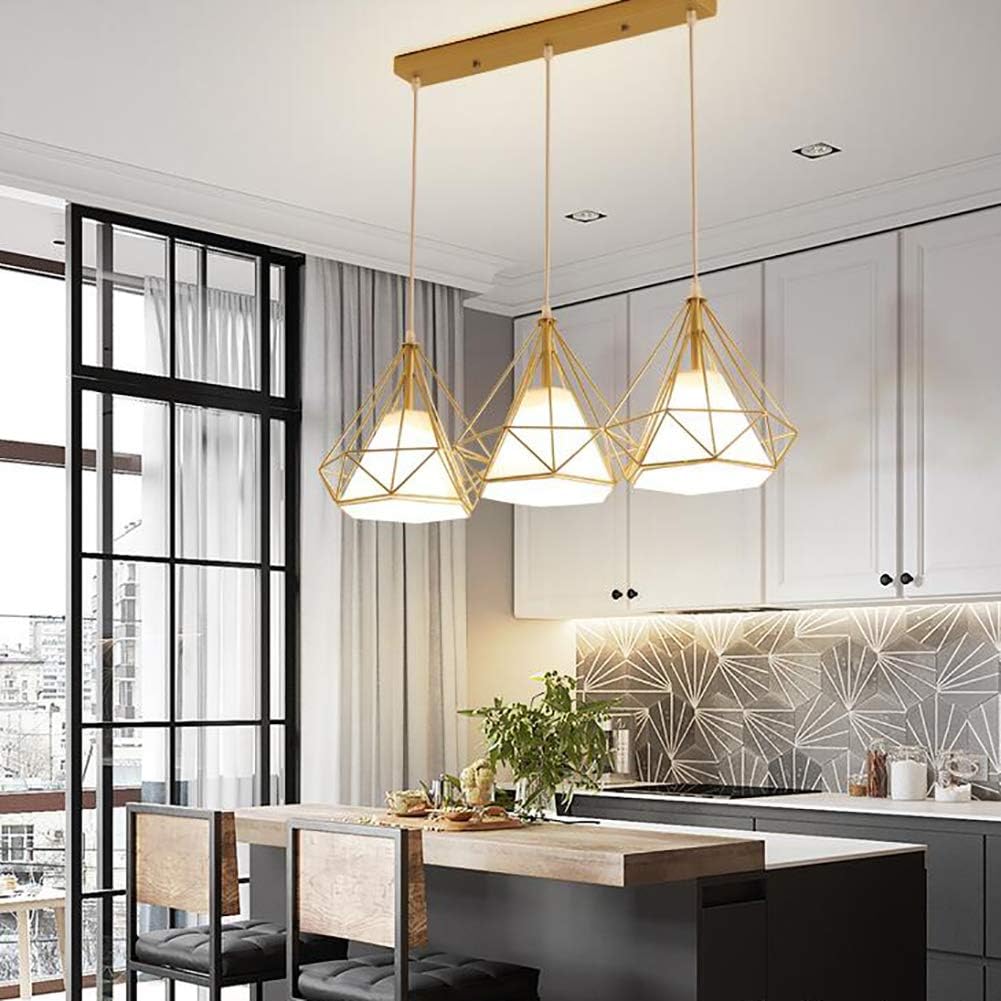 Three Heads Diamond Chaner, E27 Nordic Iron Art Chaner, Kitchen Bedroom Dining Room Bar-Black. 3 Discs (Oro. 3 Long Plates)