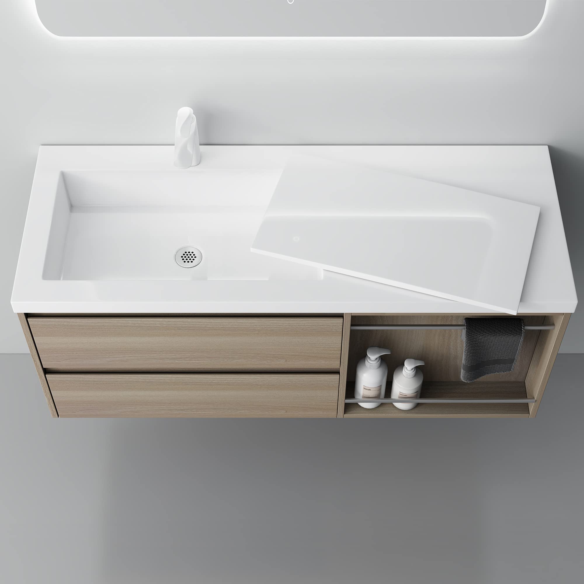 Mai & Mai Waschtisch mit Unterschrank Waschbecken-Unterschrank | Badmöbel-Set Waschbeckenunterschrank Softclose Al Oak 120x46x49cm inkl. Mineralguss Waschbecken Open