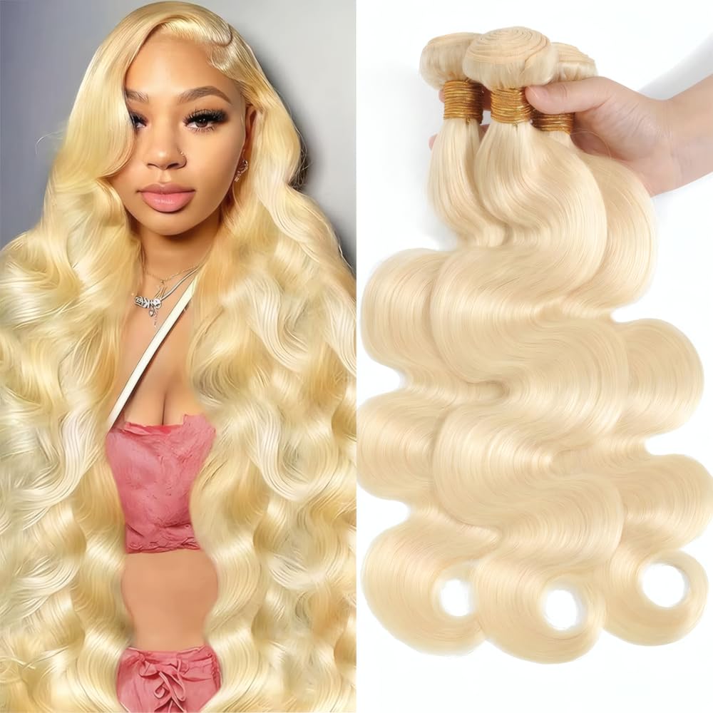Color #613 Blonde Body Wave Human Hair Bundles 16 18 20 Inch Unprocessed Brazilian Virgin Remy Weave Extensions for Black Women