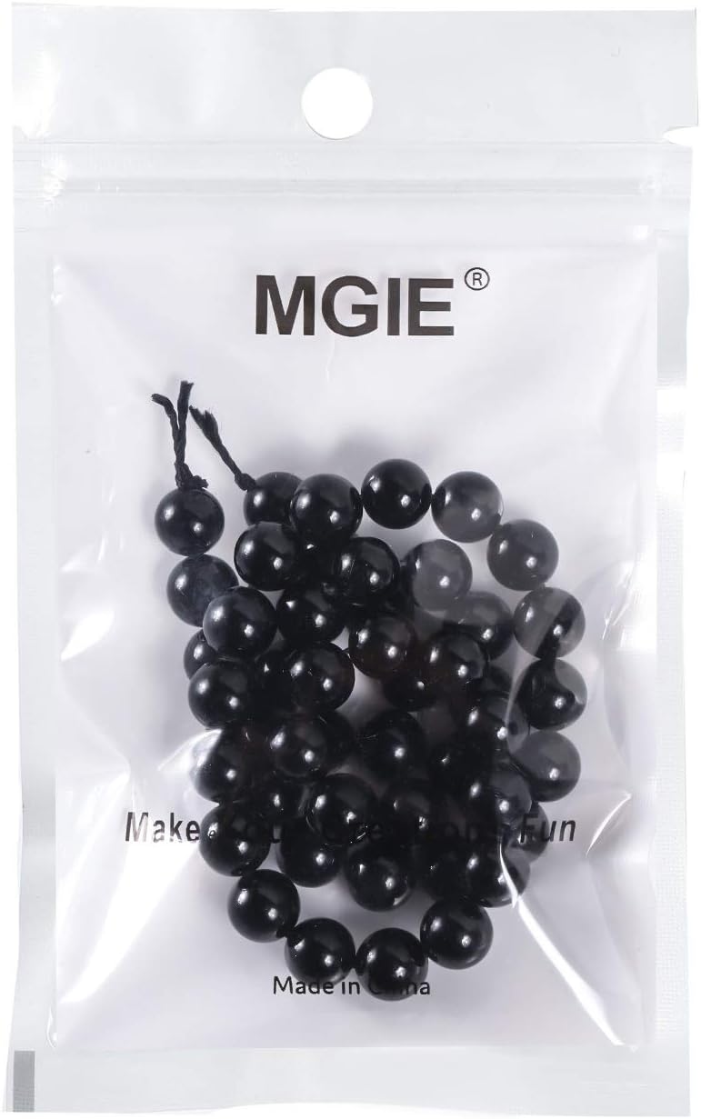 MGIE Natural Loose Round Smooth Semi-Precious Genuine Black Tourmaline Stone Gemstone Beads for DIY Jewelry Making Full Strand 8mm 15.5" (Approx 45pcs) Black Tourmaline 8mm