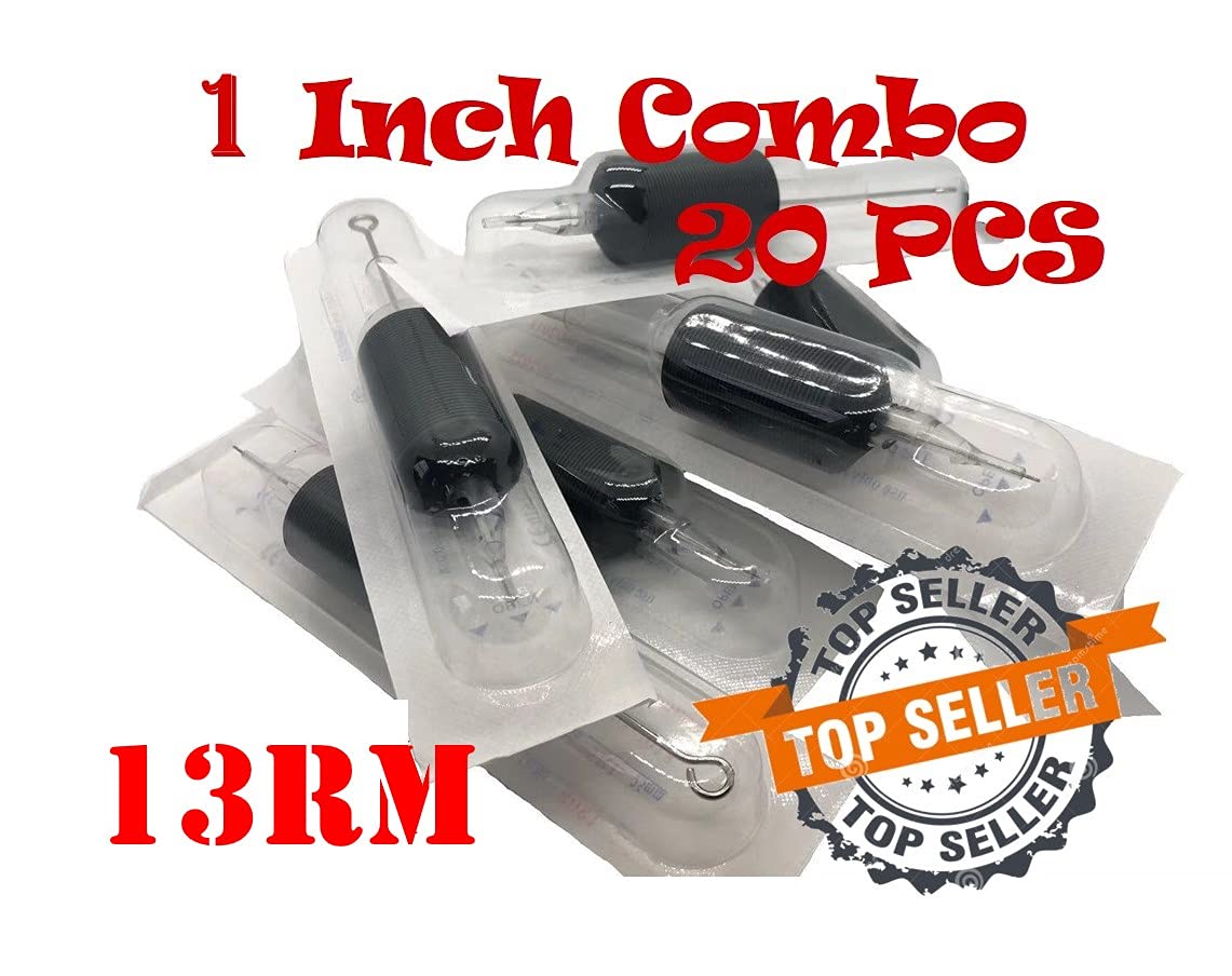 Tatmax 20PCS 1 Inch Tattoo Combo Needles and Tubes: 5RM, 7RM, 9RM, 11RM, 13RM, 15RM (13 Round Magnum)